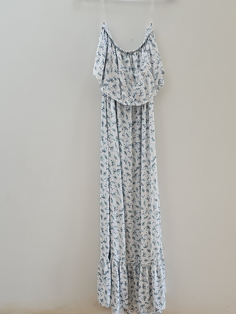 Justify White Floral Off-Shoulder Maxi Dress with Blue Print